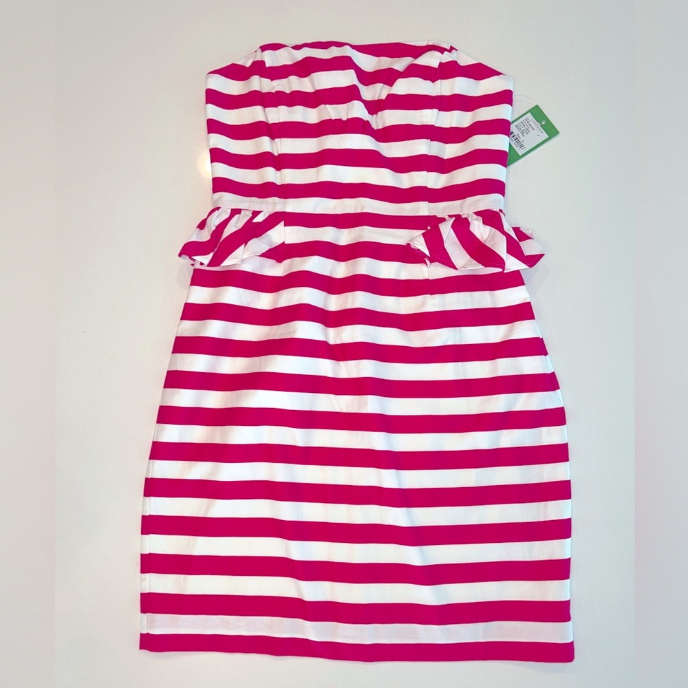 Lilly Pulitzer Maybell Azalea Pink Swizzle Stripe Strapless Peplum Dress (0)